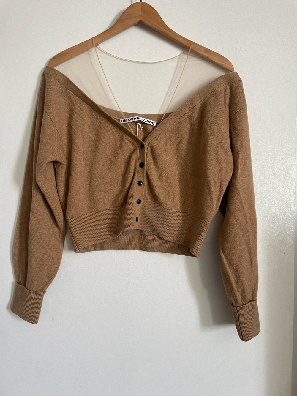 Alexander Wang camel Illusion Off-Shoulder Cropped Knit Sweater - Picture 5 of 10